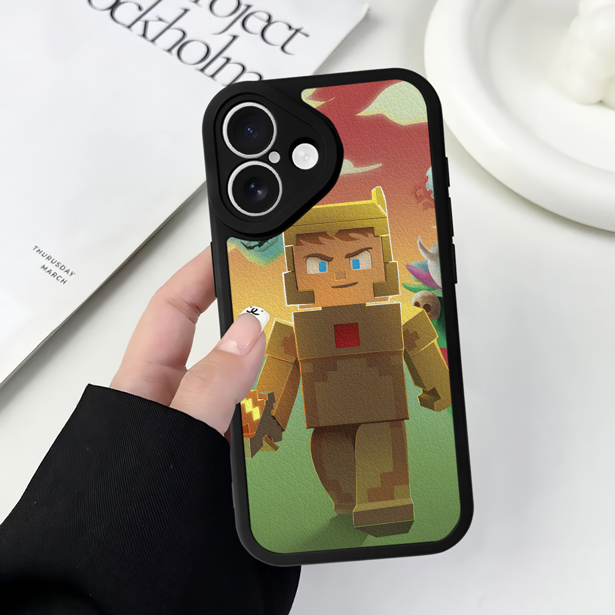 （画像用） マインクラフト ブロックの世界 Minecraft MC Block world 【iPhone 16シリーズ対応】シリコンスマホケース（レザー調） 材質：シリコン